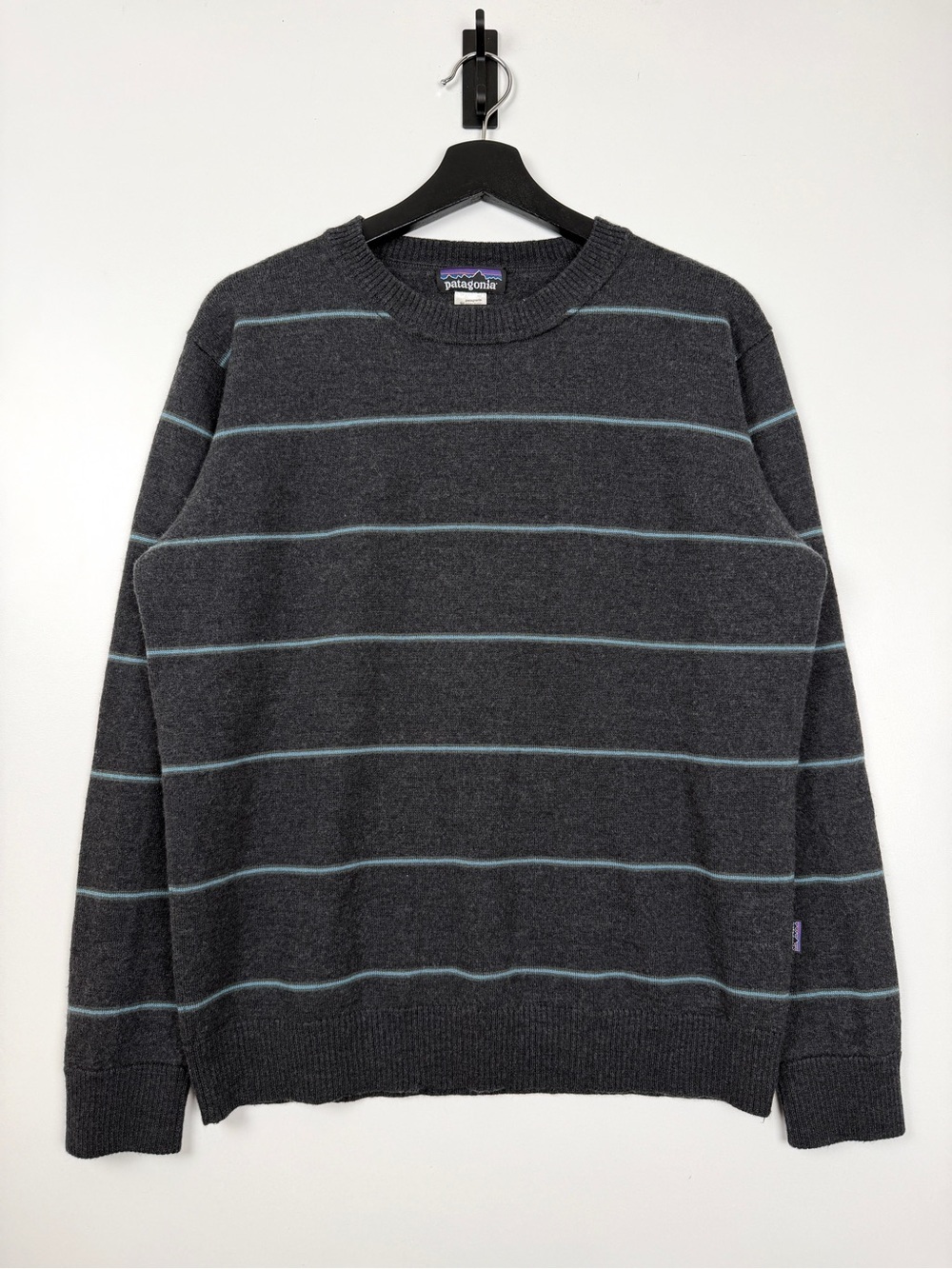 Patagonia Men's Charcoal Crewneck Sweater with Light Blue Stripes